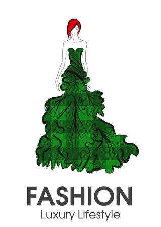 Sketch. Fashionable girl in a dress. Collection autumn-winter 2018.のイラスト素材