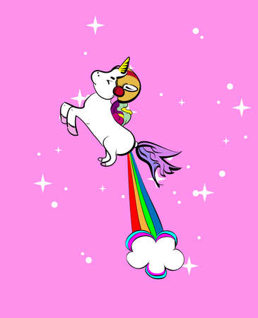 Cute fat unicorn farting rainbow. Funny vector cartoon illustrationのイラスト素材