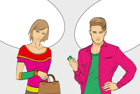 Fashionable guy and girl with bubbles for text vector illustration.のイラスト素材