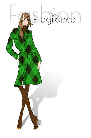 Fashion model posing. Beautiful young woman  in a plaid coat. Fashion woman. Hand drawn girl in coat. Sketch. Vector illustrationのイラスト素材