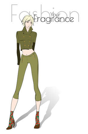 Fashion model posing. Beautiful young woman in jacket and khaki pants. Fashion woman. Hand drawn girl in a jacket and pants. Sketch. Vector illustrationのイラスト素材