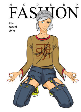 Hand drawn fashion woman in knitted hat. Stylish beautiful young hipster woman portrait. Cute girl in spring clothes. Fashion sketch.のイラスト素材