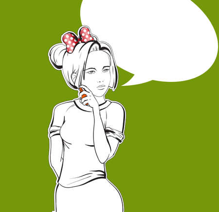 Fashion girl with a perfume bottle in her hand. Fashion illustration. Girl with a perfume bottle on a green background with a bubble for text.のイラスト素材
