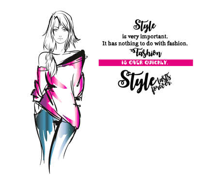 Style is very important. Fashion is over quickly. Style lasts forever. Fashion girl sketch on a white background with a quote. Illustration of fashion with a quoteのイラスト素材