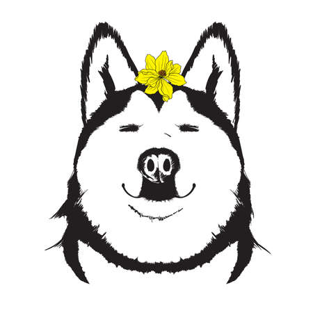 Face of a happy smiling happy dog with a yellow flower on his head. Spring dog.のイラスト素材
