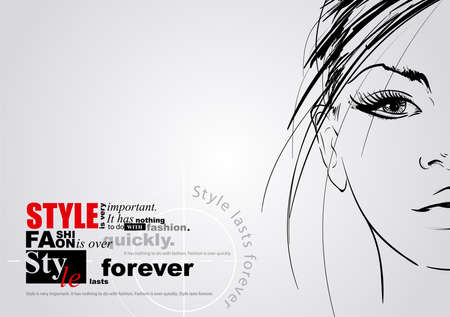 Black and white fashion girl portrait with gray background. Model silhouette sketch style hand drawn vector illustrationのイラスト素材