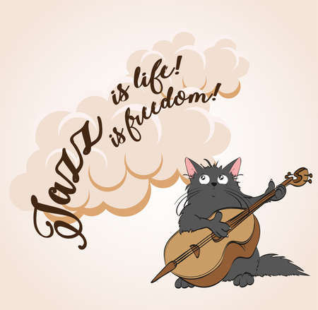 Jazz is life, jazz is freedom! Cat in jazz vector. Illustration of cat playing music in retro style.のイラスト素材