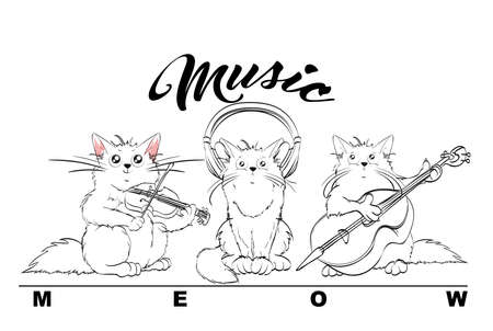 Music. Vector set of cute spring cats. Orchestra of charming kittens. Fiddler, double bass and music lover.のイラスト素材