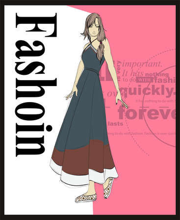 Fashion illustration. Stylish fashion models. Fashion girl Sketch. A girl in a dress and fashionable quote.のイラスト素材