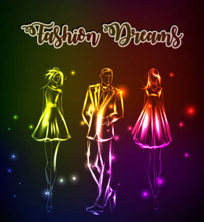 Fashion dreams. Hand-drawn fashion models from a neon.のイラスト素材