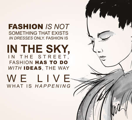 Black and white fashion girl portrait on a light brown background. Model silhouette sketch style hand drawn vector illustration.のイラスト素材