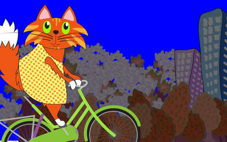 Cat on a bicycle, vector illustration. Ginger kitty on a green bicycle. Cartoon spring illustration.のイラスト素材