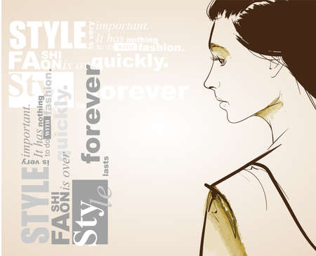 Black and white fashion girl portrait on a light brown background. Model silhouette sketch style hand drawn vector illustration.のイラスト素材