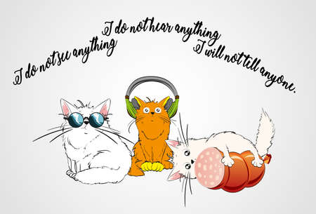 Three cute cats. I see nothing, I hear nothing, I will not tell anyone.のイラスト素材