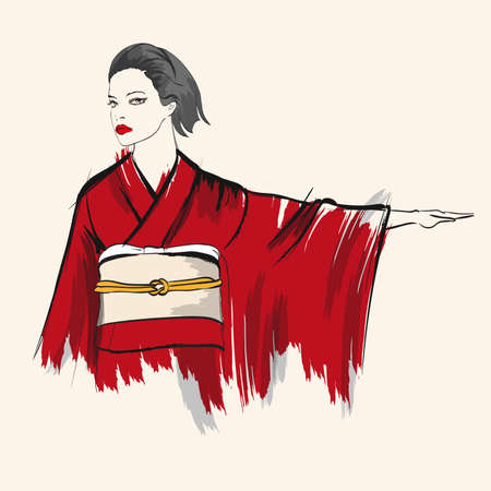 Beautiful japanese girl in kimono. Vector illustration. Fashionのイラスト素材