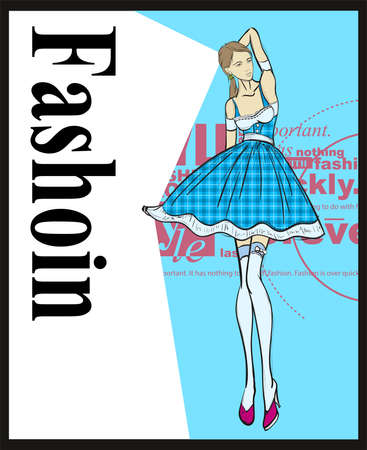 Stylish fashion models. Fashion girl Sketch. The girl in a fashionable dress with a checkered pattern.のイラスト素材
