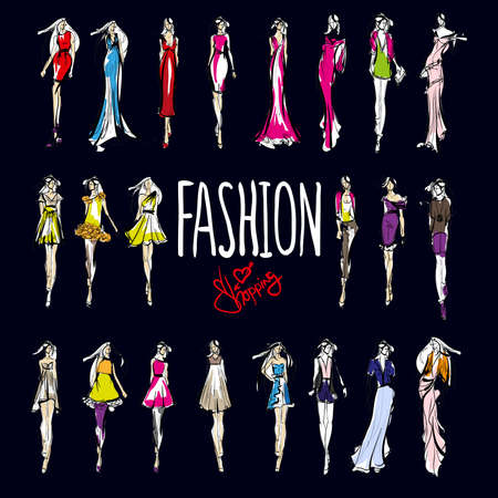 Fashion shopping woman. Set of fashion girl. Vector.のイラスト素材