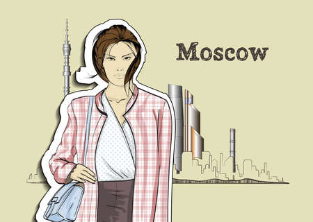 Fashion illustration. Stylish fashion model. Fashion girl Sketch. Girl in a plaid jacket and with a bag, against the background of Moscow City.のイラスト素材