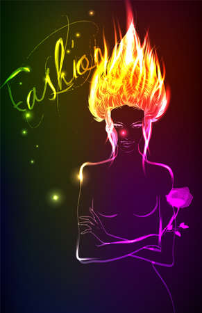 Hand-drawn fashion model from a neon. A light girl's. Fashion illustration.のイラスト素材