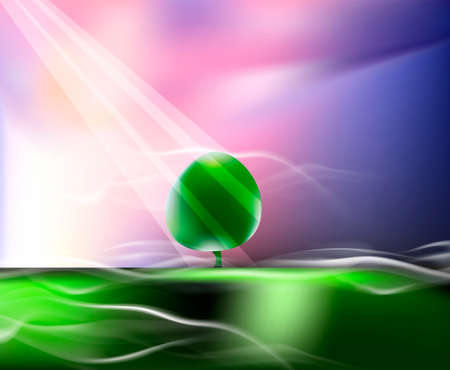 Landscape with trees under the sunlight hand drawn with. Misty meadow. Sun rays illuminate the tree on a green meadow.のイラスト素材