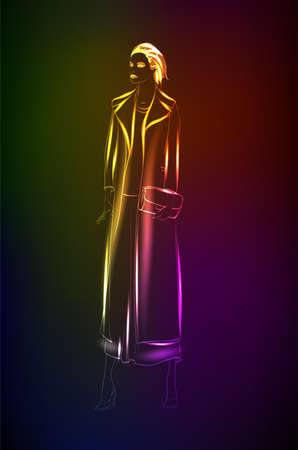 Hand-drawn fashion model from a neon. A light girl's. Fashion illustration.のイラスト素材