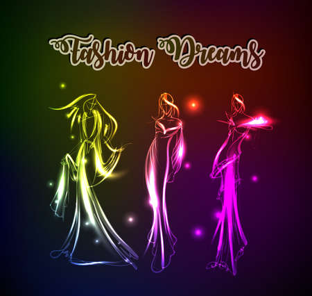 Hand-drawn fashion models from a neon. A light girls. Fashion illustration.のイラスト素材
