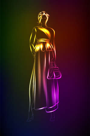 Hand-drawn fashion model from a neon. A light girl's. Fashion illustration.のイラスト素材