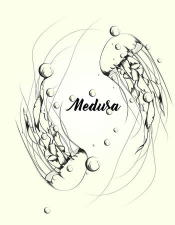 Abstract undersea design. Ocean jellyfishes (medusa) with wave tentacles, water bubbles.のイラスト素材