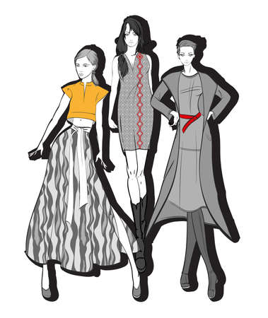 Fashion illustration. Stylish fashion models. Fashion girls set. Sketch. Girls in a dress and coat .のイラスト素材