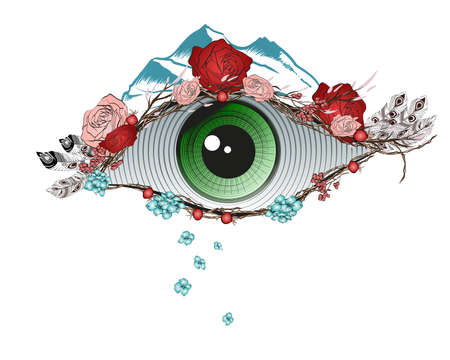 Abstract illustration of an eye with flowers of dog-roses, feathers and mountains. Print on a shirt or tattoo.のイラスト素材