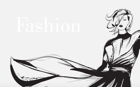 Black and white retro fashion model in sketch style. Hand drawn vector illustrationのイラスト素材