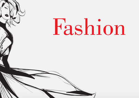 Black and white retro fashion model in sketch style. Hand drawn vector illustrationのイラスト素材