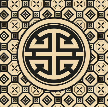 Oriental seamless pattern background set. Asian traditional geometric floral ornament with chinese circle tracery and japanese curve line pattern for wrapping paper, wallpaper and textile designのイラスト素材