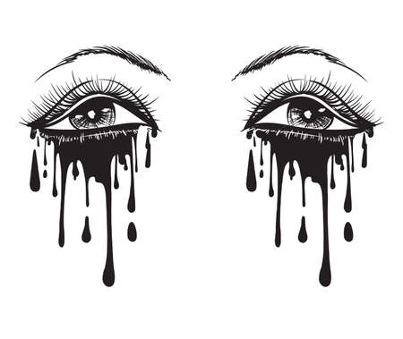 Vector beautiful illustration with crying eyes. Women's watery eyes. Eyes with flowing mascara on isolated background.のイラスト素材