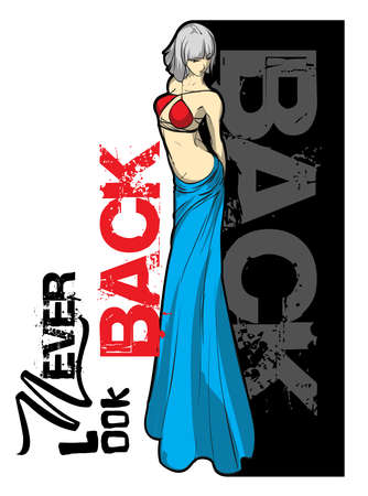 Fashion illustration with the inscription Never look back. Stylish fashion model. Pretty young girl. Fashion girl Sketch. Girl in a beach suitのイラスト素材