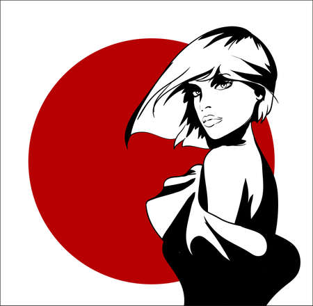 Sketch of the face of a fashion girl. Fashion girl face. Women face on a white background with a red circle.のイラスト素材