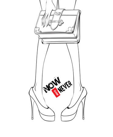 woman's slender legs in high-heeled shoes with a handbag in the hands on a white backgroundのイラスト素材