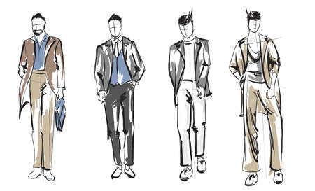 Fashion man. Set of fashionable men's sketches on a white background. Spring men.のイラスト素材