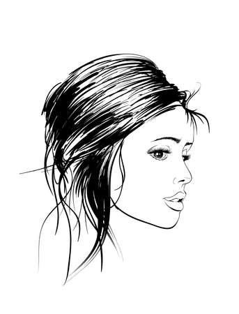 Sketch of the face of a fashion girl. Fashion girl face. Women face on white background.のイラスト素材