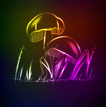 Neon mushrooms. Glowing magic mushrooms on a black background.のイラスト素材