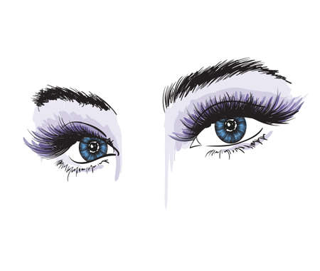 Hand-drawn woman's luxurious eye with perfectly shaped eyebrows and full lashes. Idea for business visit card, typography vector. Perfect salon look.のイラスト素材