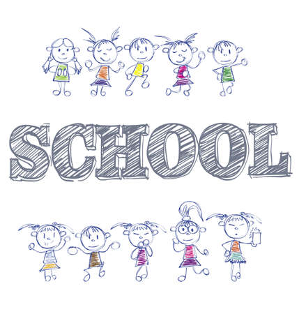 The inscription in Russian. School. School illustration for design with an inscription and funny childrenのイラスト素材