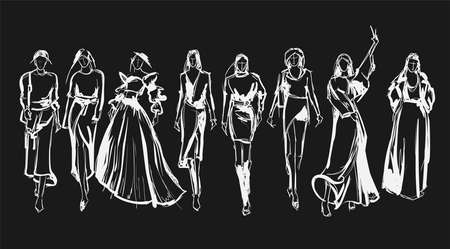 Sketch. Fashion Girls on a white background. Vector illustrationのイラスト素材