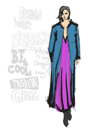 Fashion girl Sketch. Stylish fashion model. Pretty young girl.のイラスト素材