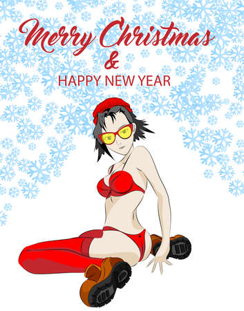 Happy excited young woman in stockings and underwear over a Christmas background with snowflakes. Poster for Christmas and the new year.のイラスト素材