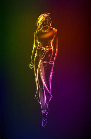Hand-drawn fashion model from a neon. A light girl's. Fashion girl.のイラスト素材