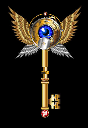 Vector antique golden key on a blac background. Vintage key.のイラスト素材