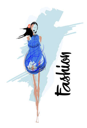 Fashion girl Sketch. Stylish fashion model. Pretty young girl.のイラスト素材