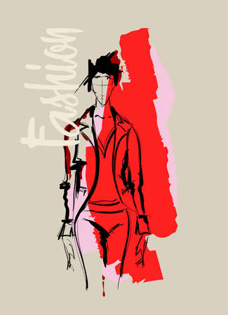 Fashion girl Sketch. Stylish fashion model. Pretty young girl.のイラスト素材