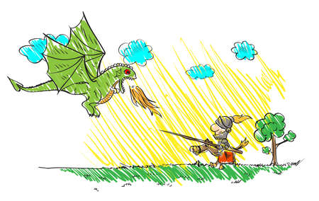 Child's drawing  with a dragon and a knight. Vector sketches with characters of fairy-tales.のイラスト素材